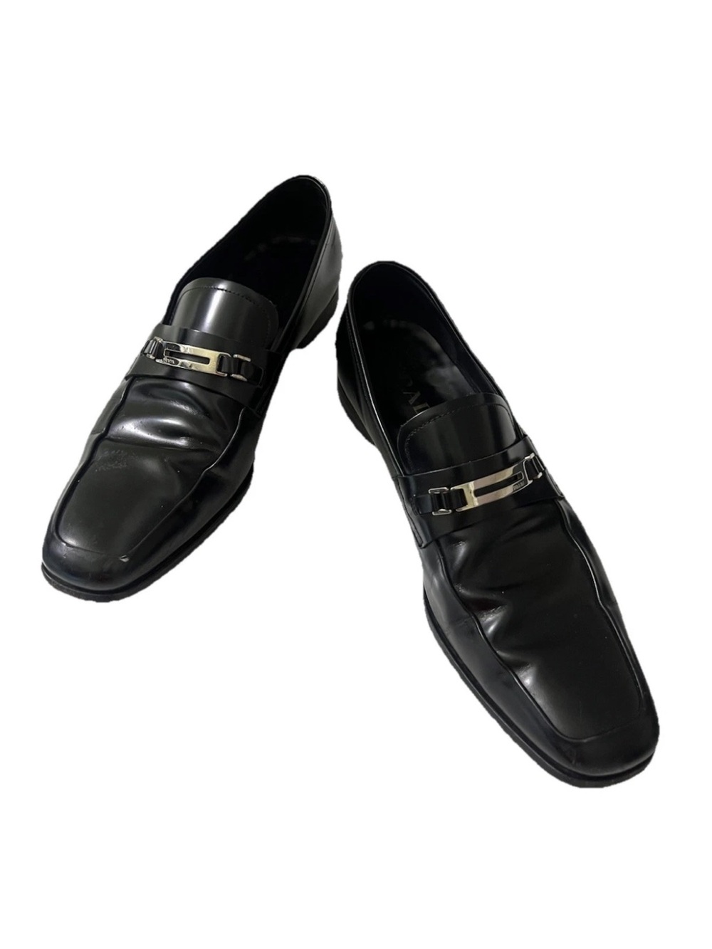Prada Black Leather Loafers Silver Prada Hardware Italy Mens Size 9 Y2K Luxury - Picture 7 of 8